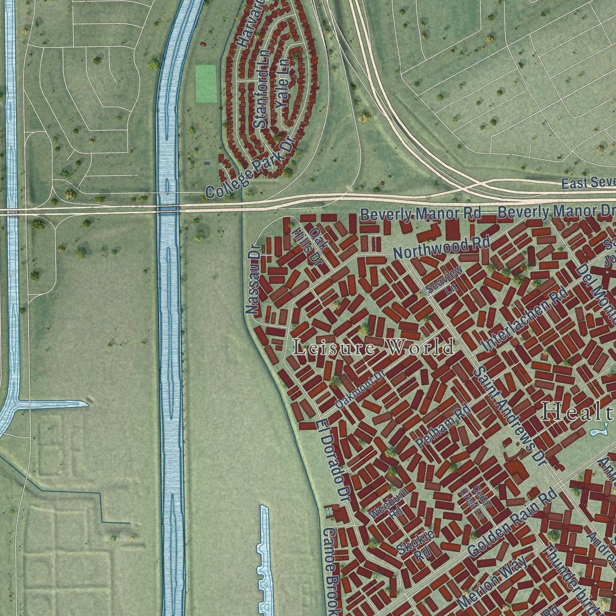Close-up of the map of Seal Beach, California print showing street and building detail