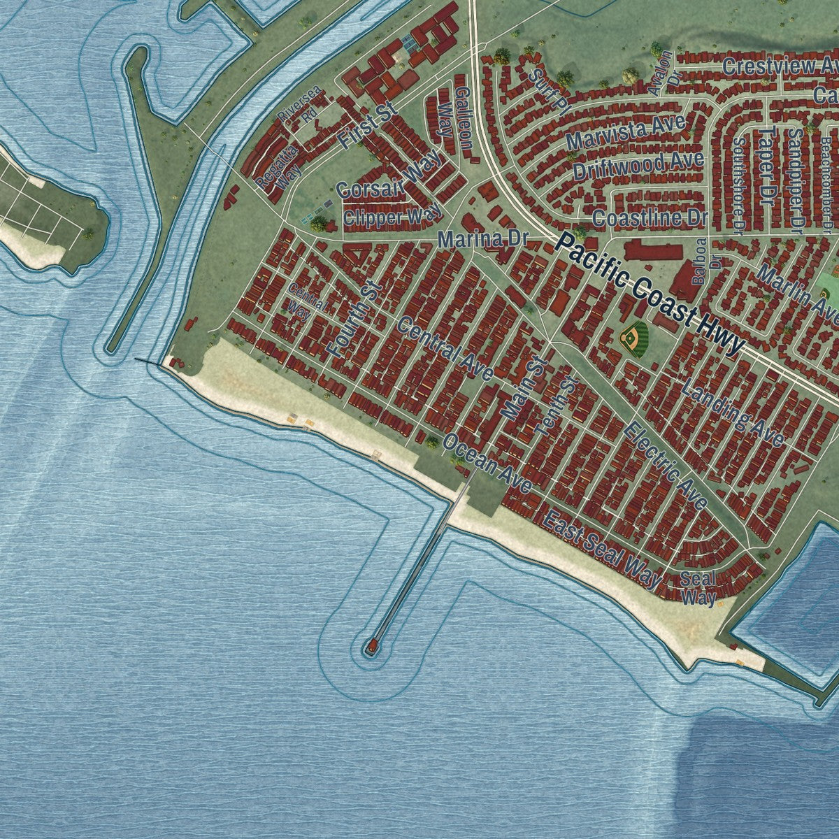 Second close-up of the map of Seal Beach, California print showing more streets and buildings