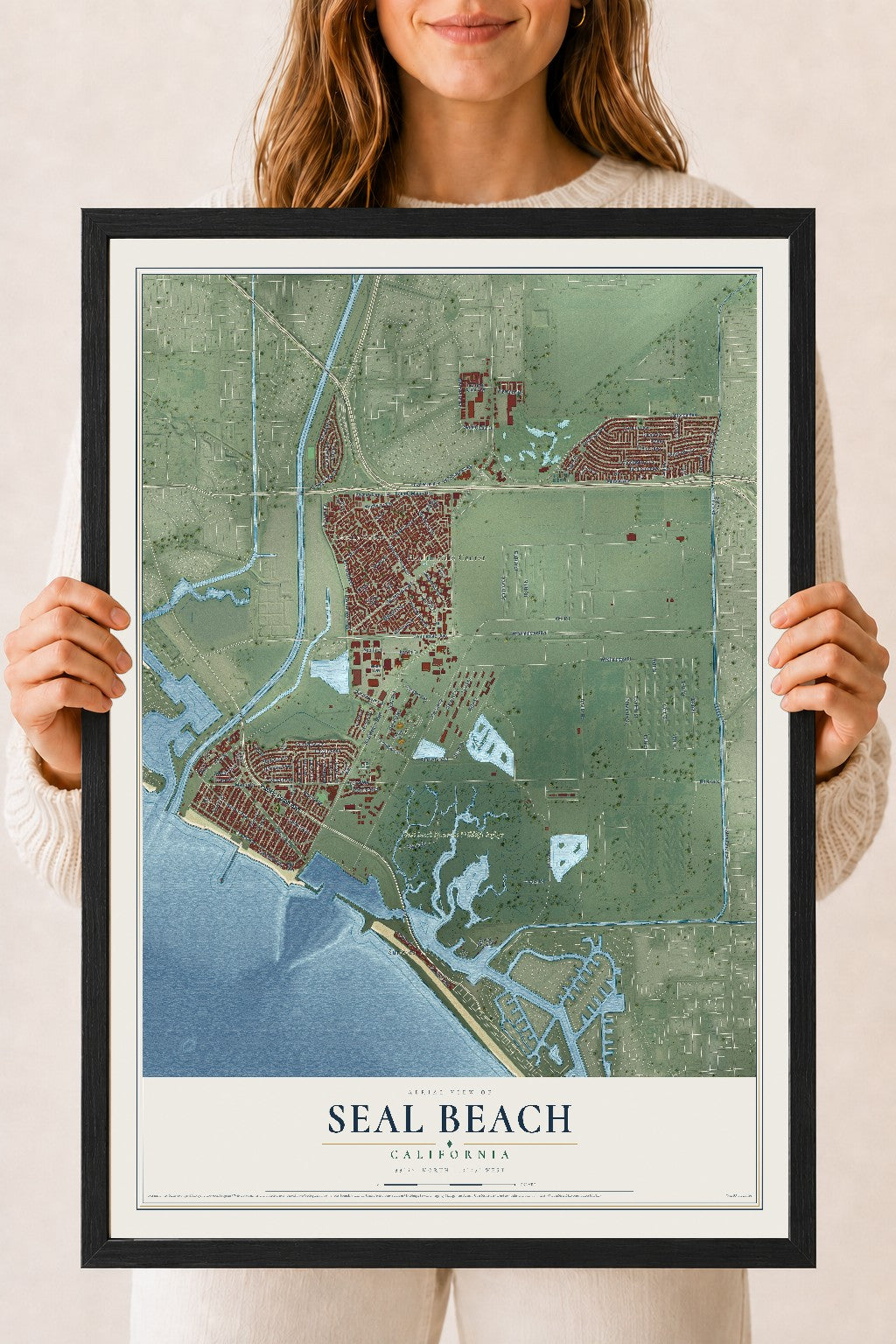 Map of Seal Beach, California, 18 x 24 inch print in a black wood frame