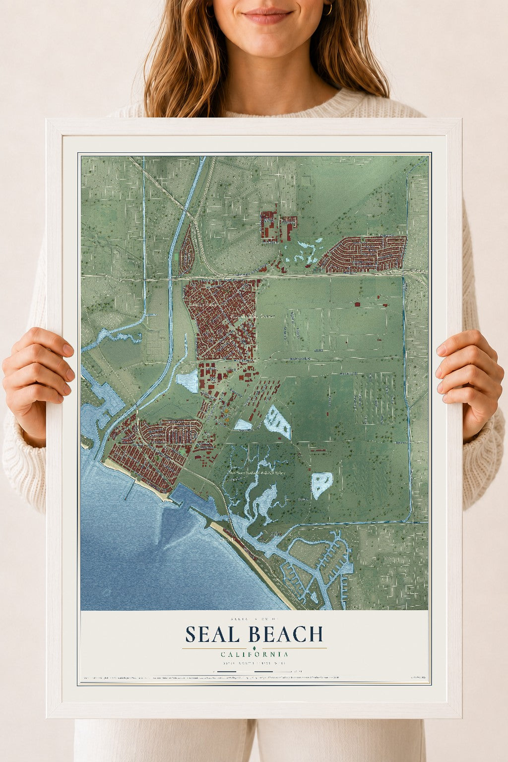 Map of Seal Beach, California, 18 x 24 inch print in a white wood frame