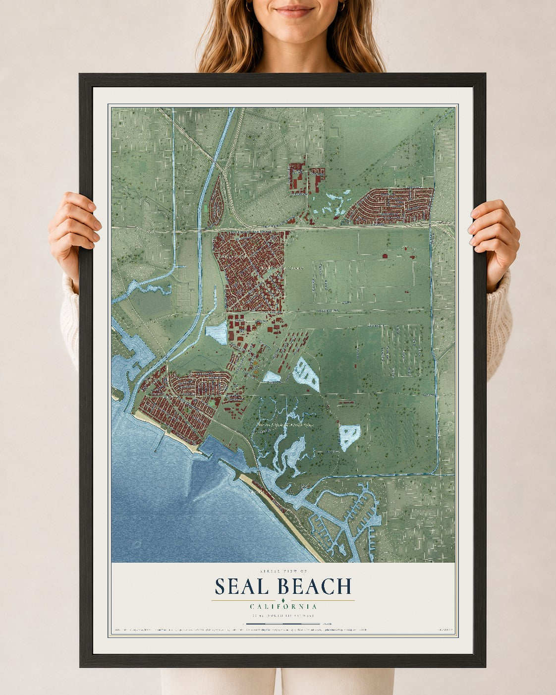 Map of Seal Beach, California, 24 x 36 inch print in a black wood frame