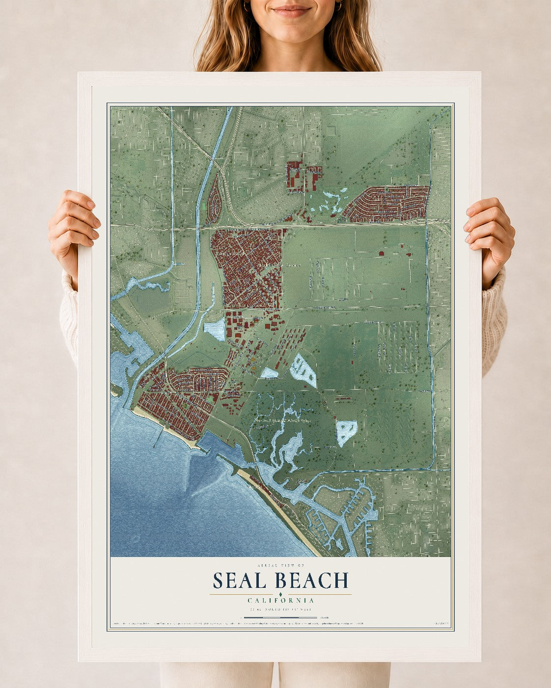 Map of Seal Beach, California, 24 x 36 inch print in a white wood frame