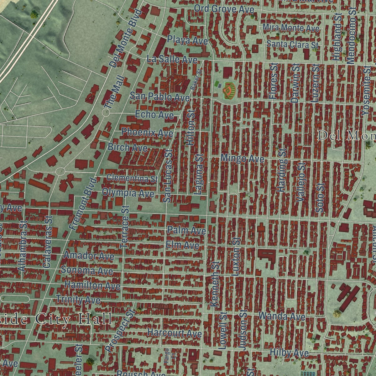 Close-up of the map of Seaside, California print showing street and building detail
