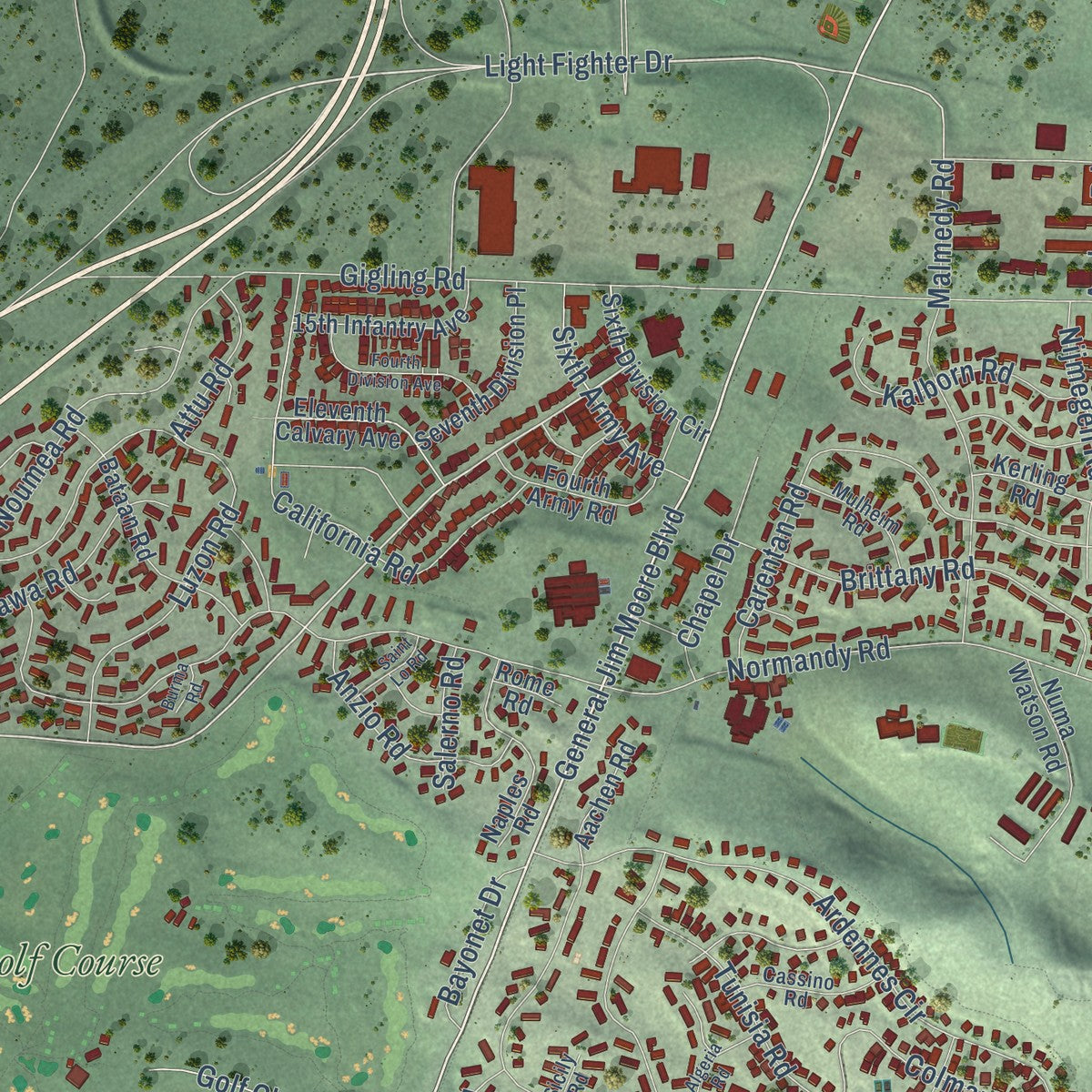 Second close-up of the map of Seaside, California print showing more streets and buildings