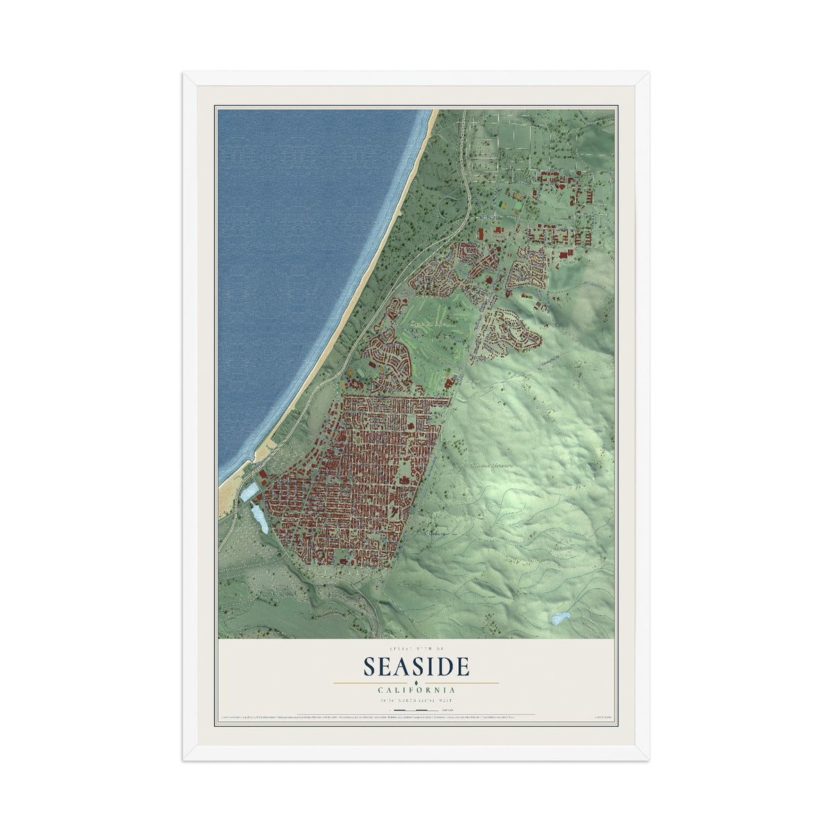 Map of Seaside, California, 12 x 18 inch print in a white wood frame