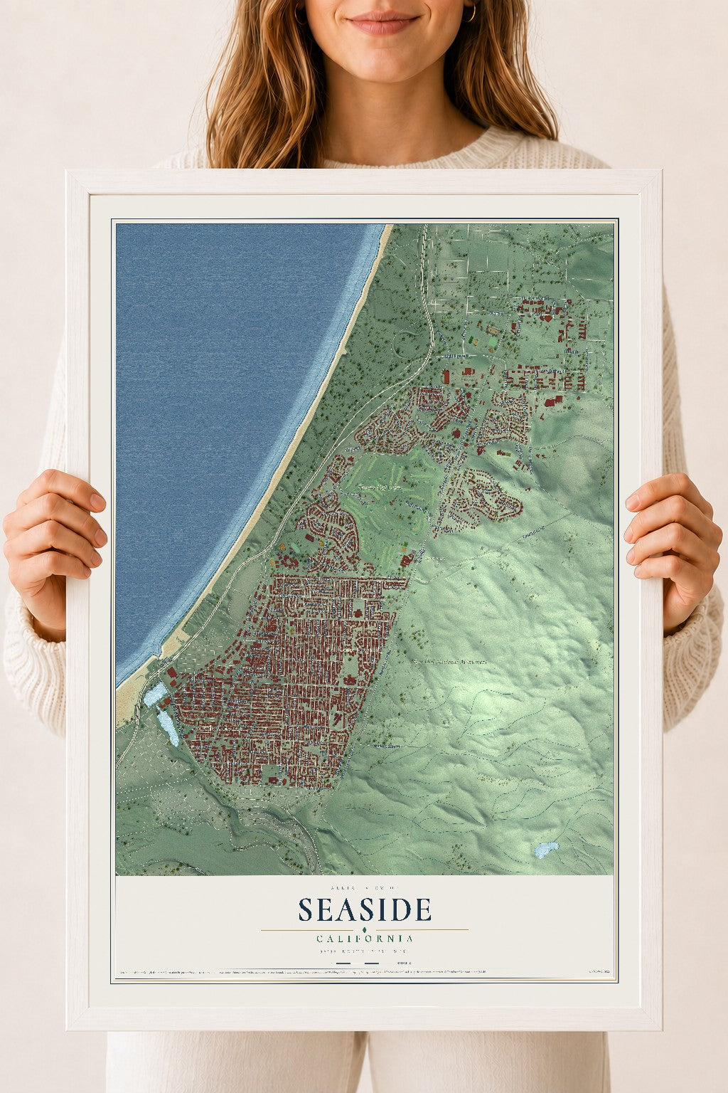 Map of Seaside, California, 18 x 24 inch print in a white wood frame