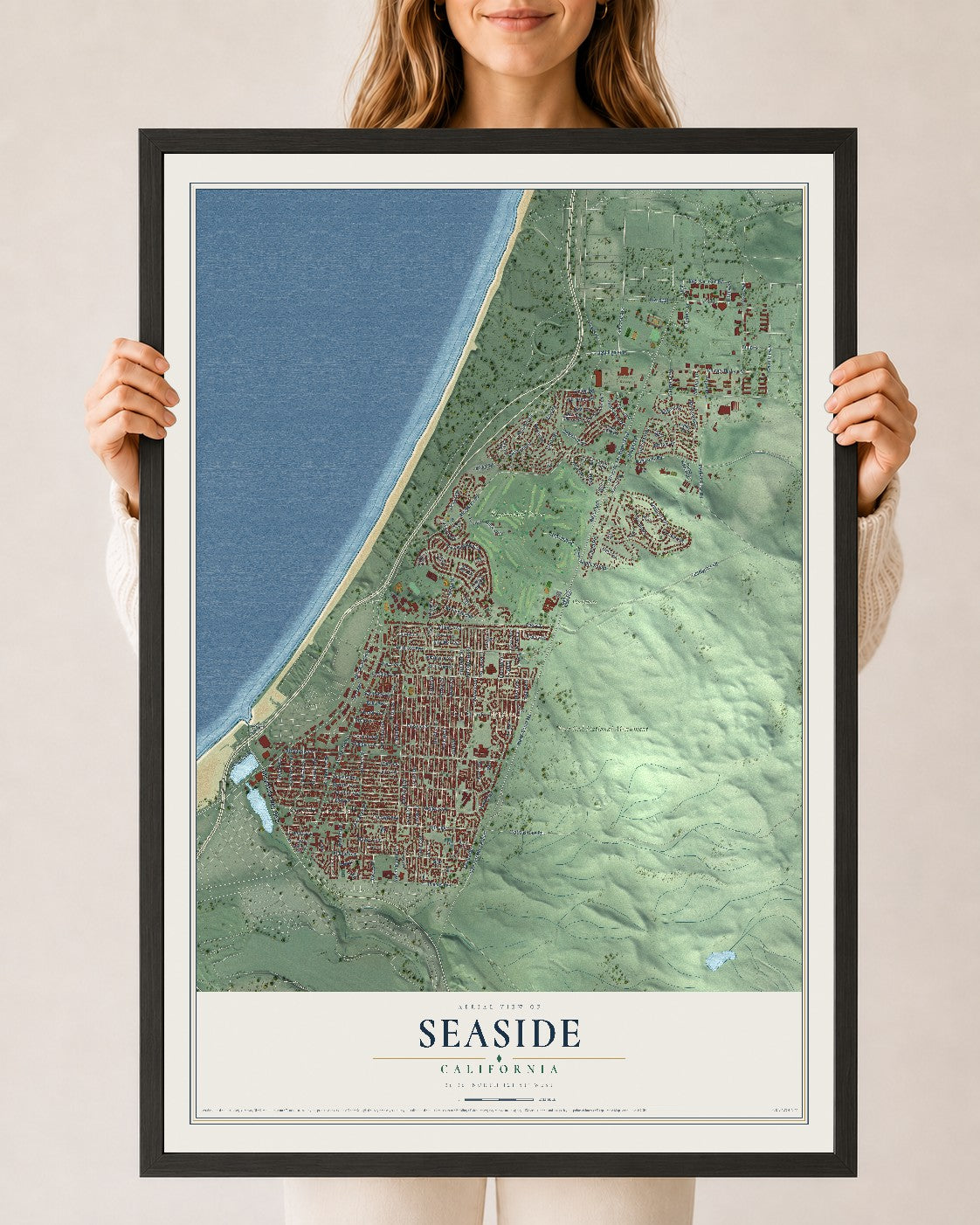 Map of Seaside, California, 24 x 36 inch print in a black wood frame