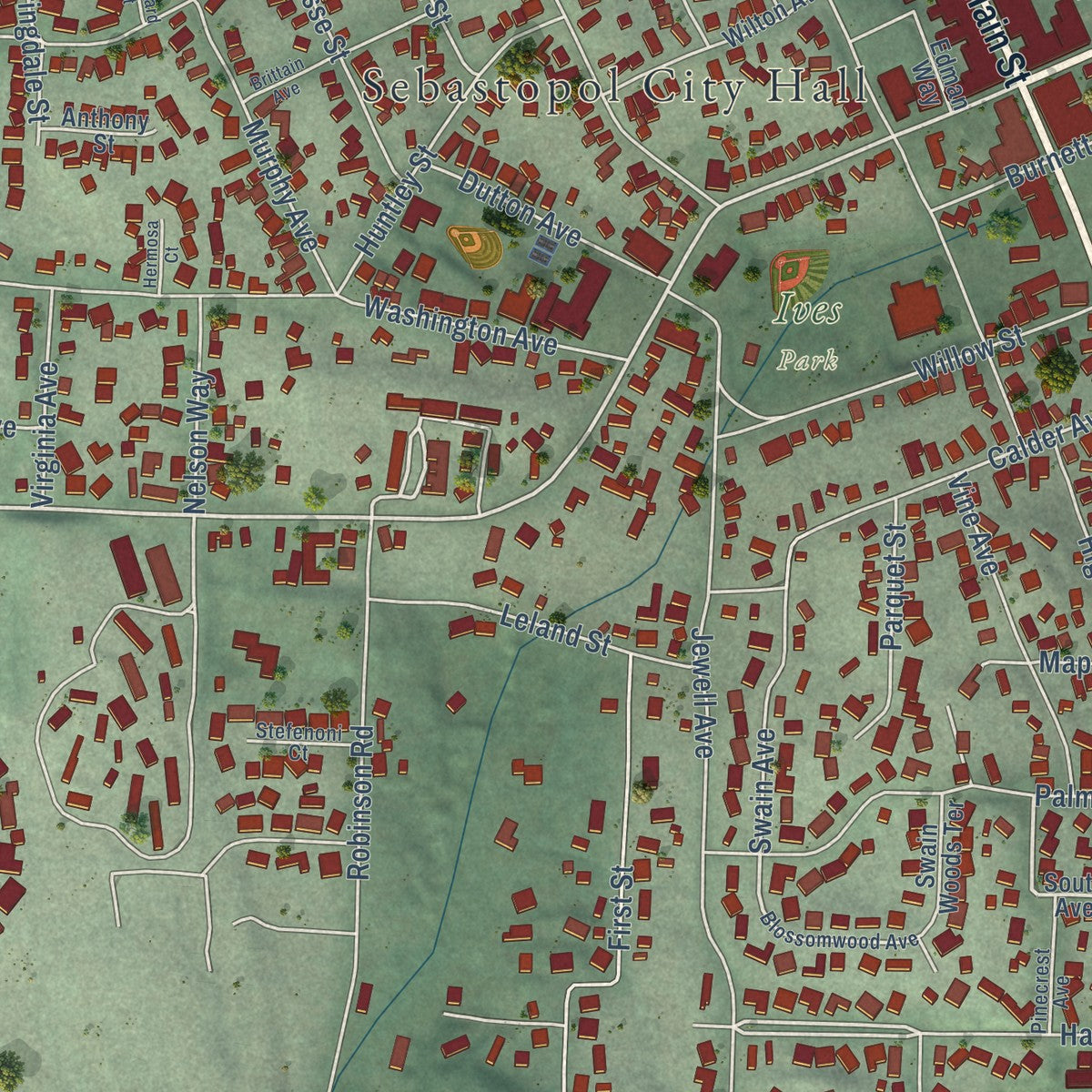 Close-up of the map of Sebastopol, California print showing street and building detail