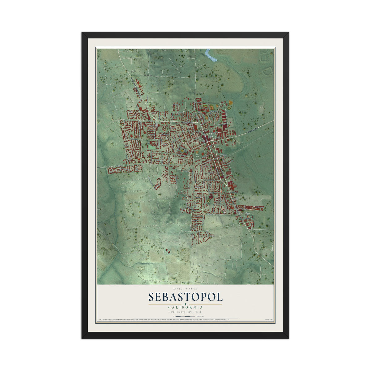 Map of Sebastopol, California, 12 x 18 inch print in a black wood frame