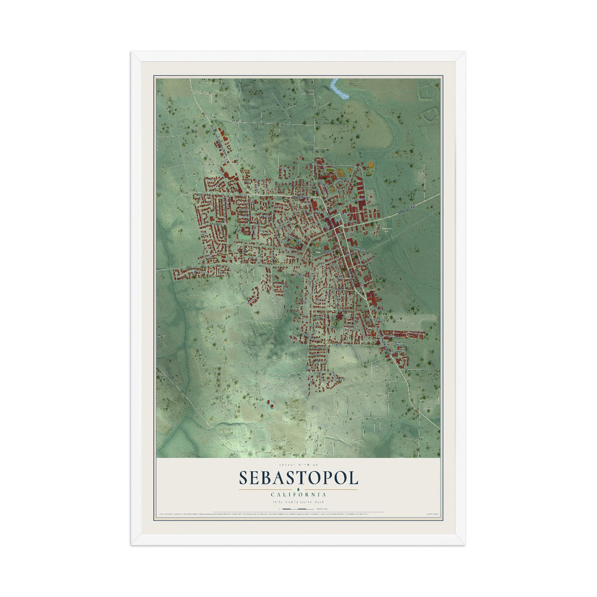 Map of Sebastopol, California, 12 x 18 inch print in a white wood frame