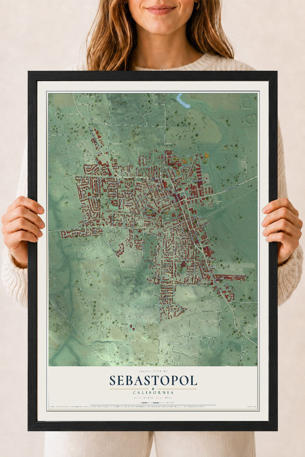Map of Sebastopol, California, 18 x 24 inch print in a black wood frame
