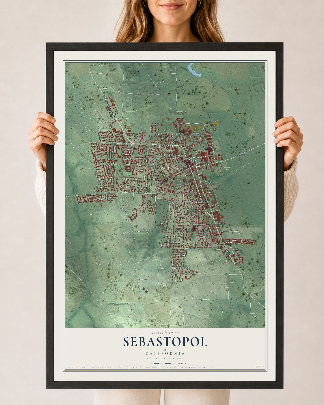 Map of Sebastopol, California, 24 x 36 inch print in a black wood frame