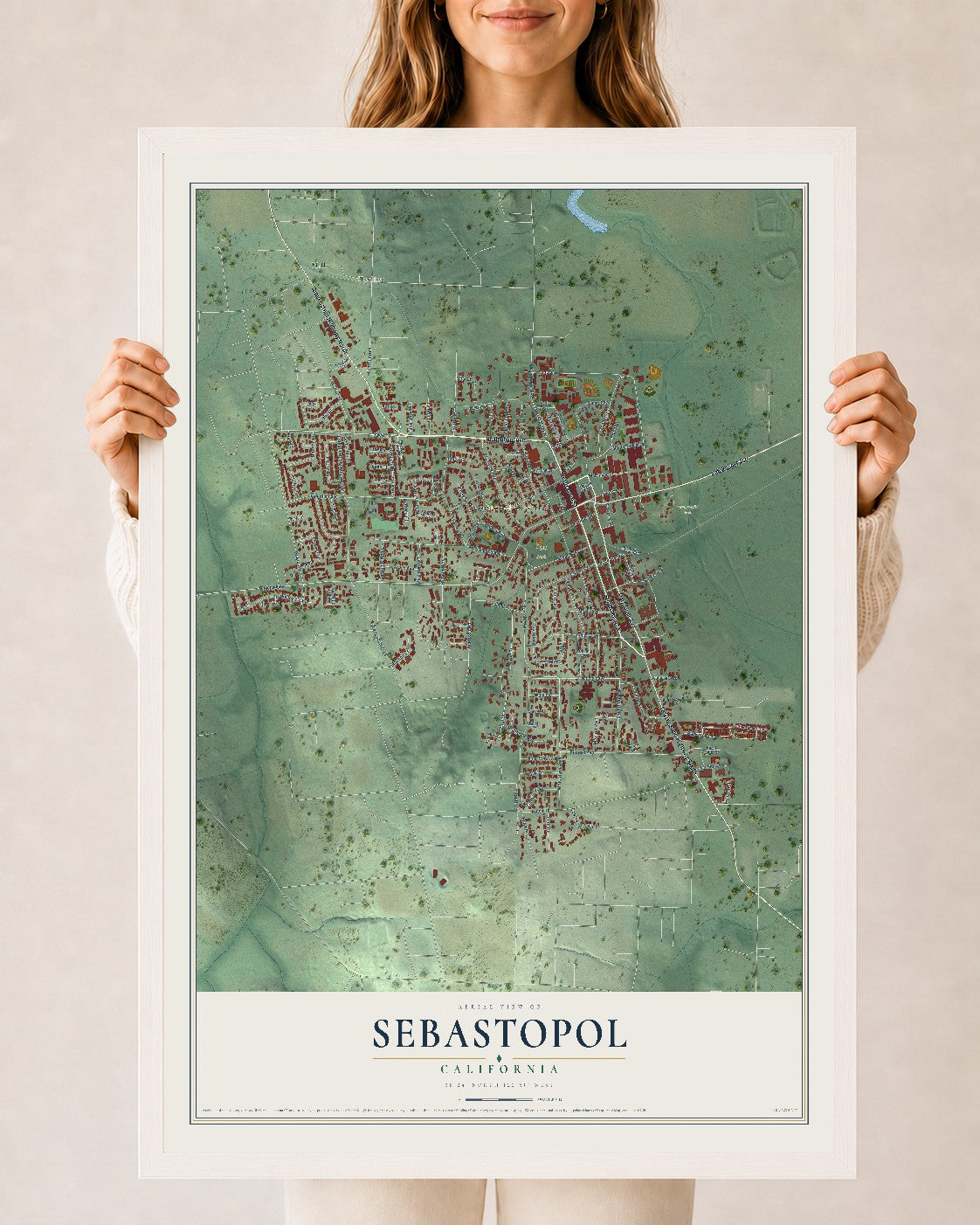 Map of Sebastopol, California, 24 x 36 inch print in a white wood frame