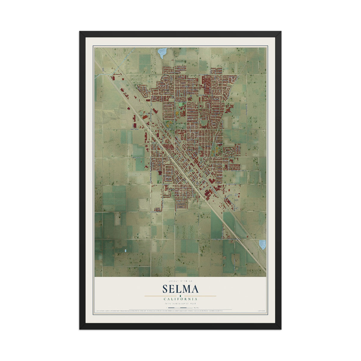 Map of Selma, California, 12 x 18 inch print in a black wood frame