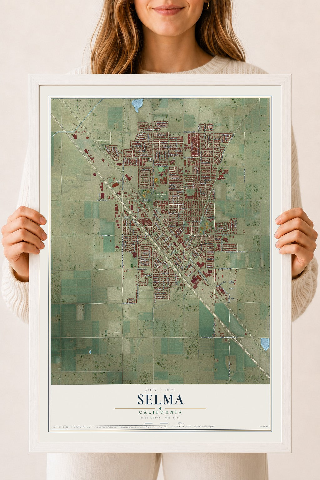 Map of Selma, California, 18 x 24 inch print in a white wood frame
