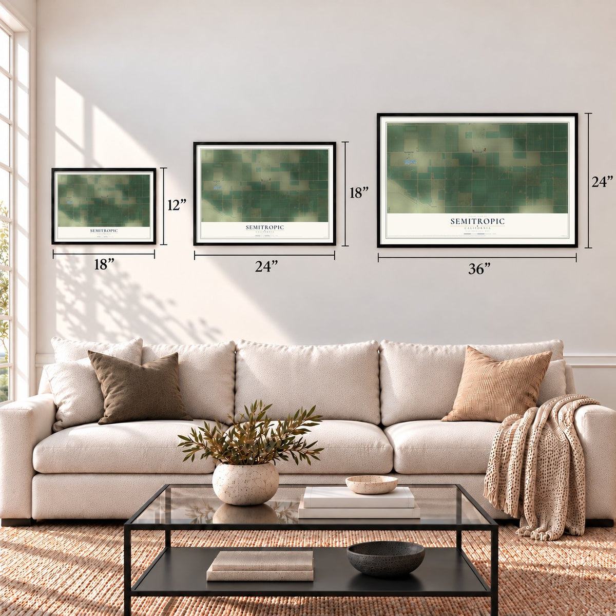 Semitropic, California map in 12 x 18, 18 x 24 and 24 x 36 inch sizes above a sofa