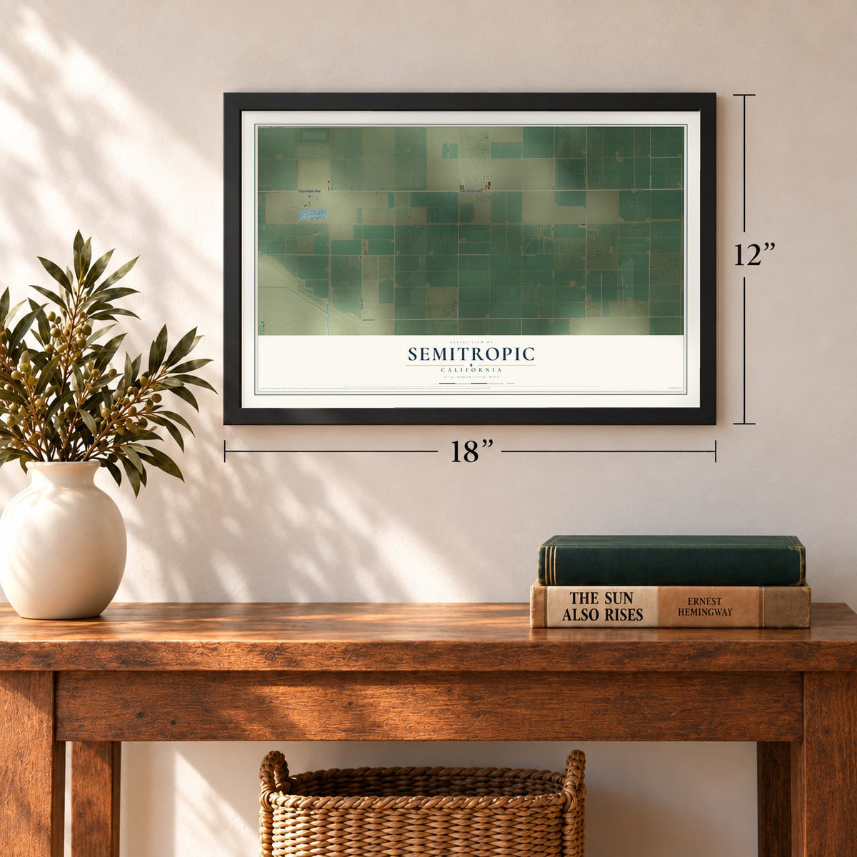 Semitropic, California map, 12 x 18 inch print in a black frame in an entryway
