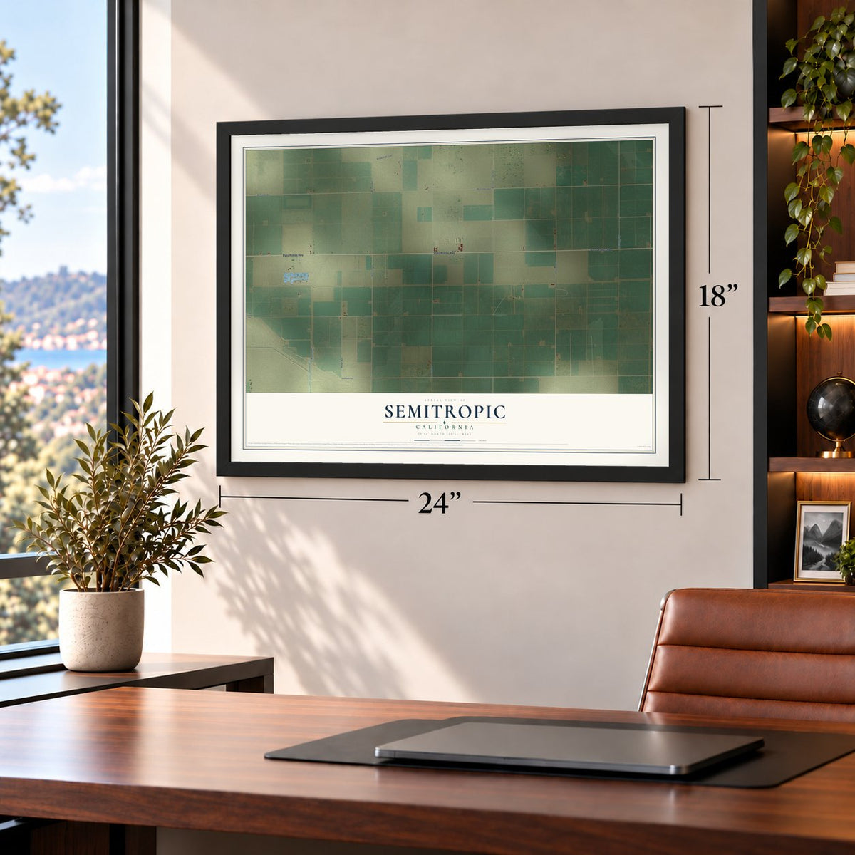 Semitropic, California map, 18 x 24 inch print in a black frame in a home office