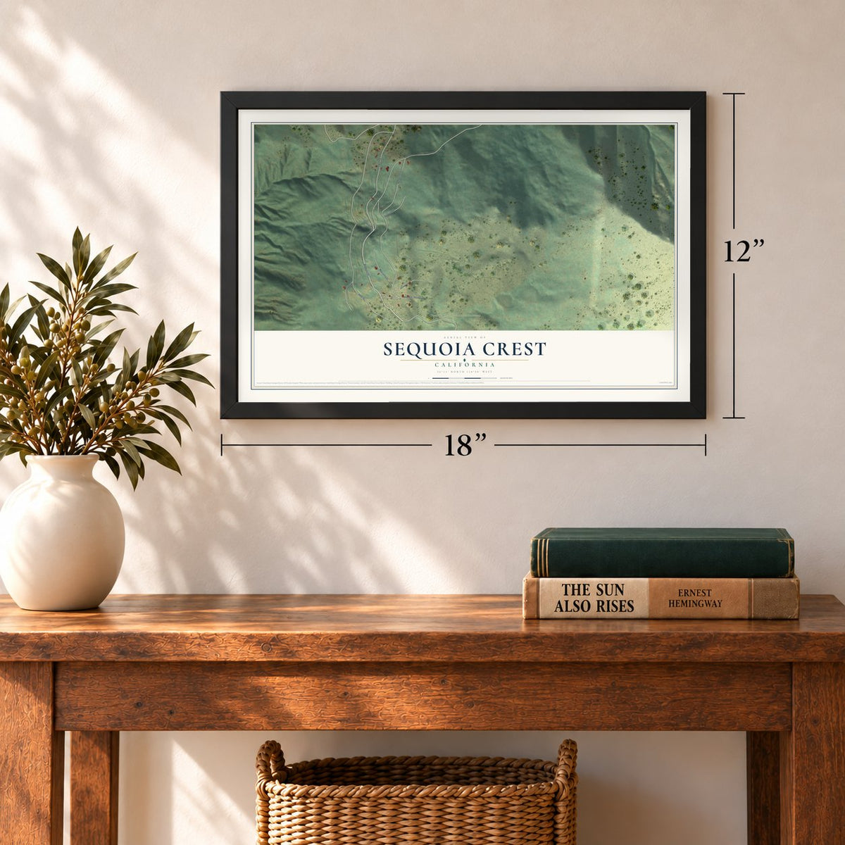 Sequoia Crest, California map, 12 x 18 inch print in a black frame in an entryway