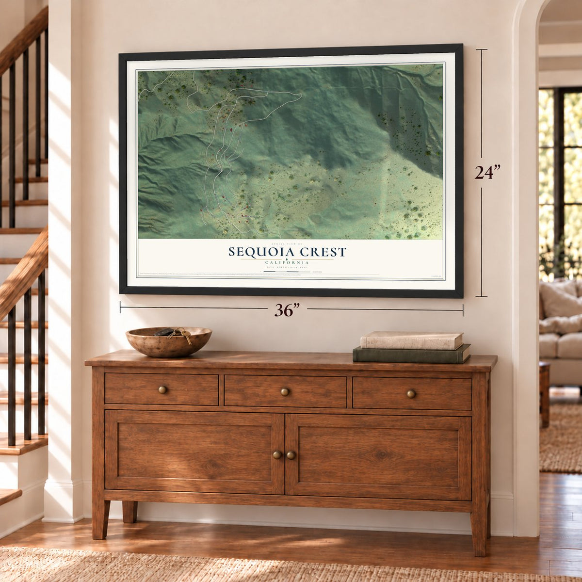 Sequoia Crest, California map, 24 x 36 inch print in a black frame above a dresser by a staircase