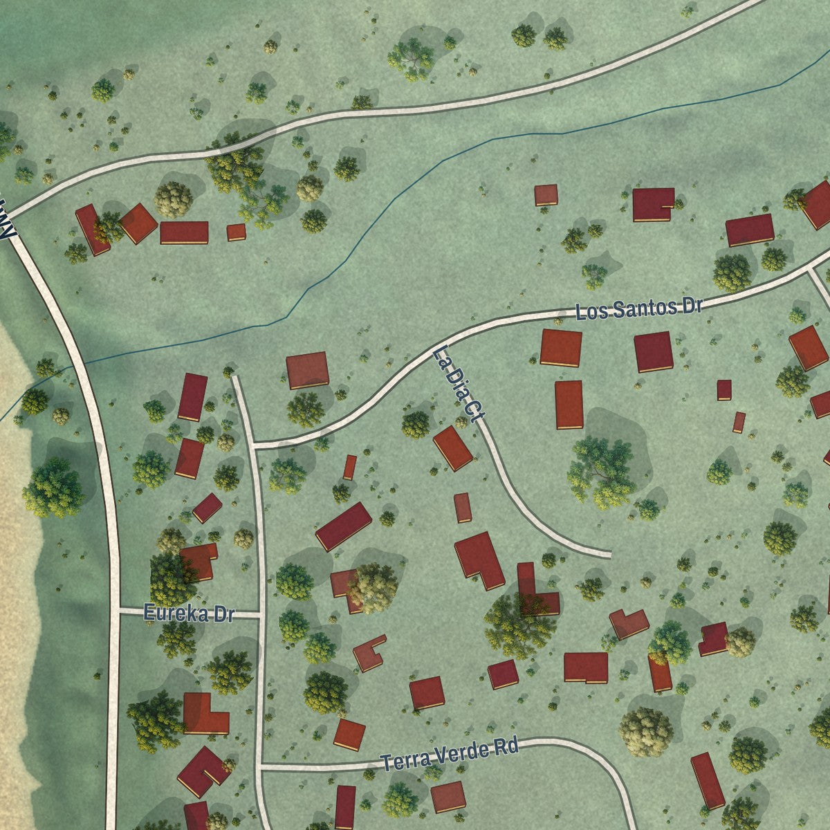 Close-up of the map of Sereno del Mar, California print showing street and building detail