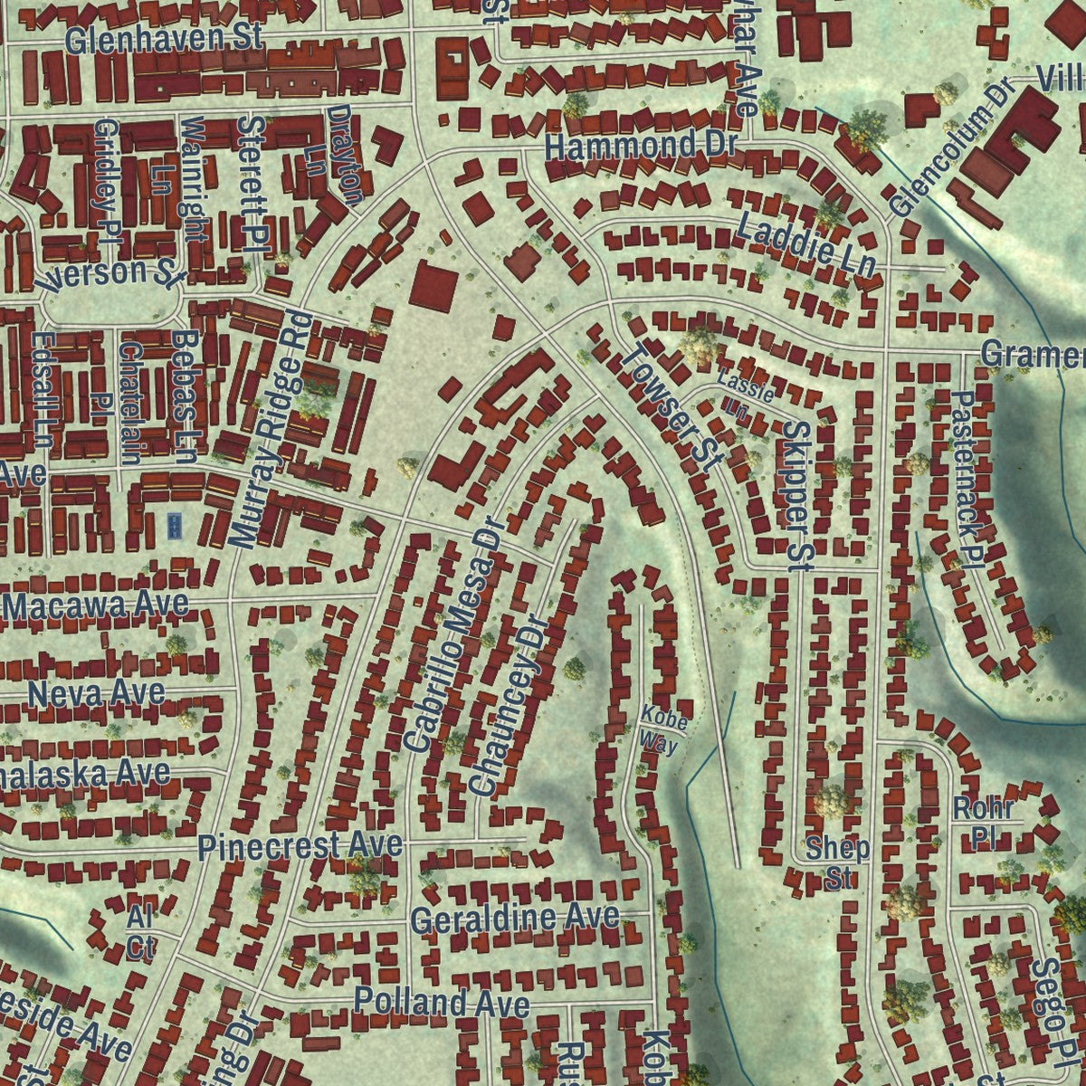 Close-up of the map of Serra Mesa, California print showing street and building detail