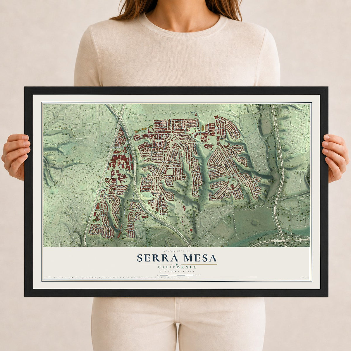 Map of Serra Mesa, California, 12 x 18 inch print in a black wood frame
