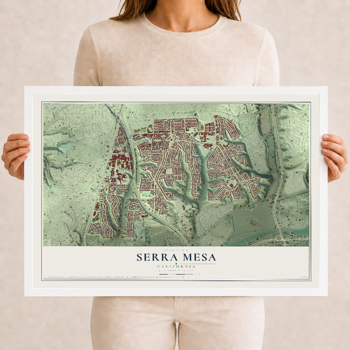 Map of Serra Mesa, California, 12 x 18 inch print in a white wood frame