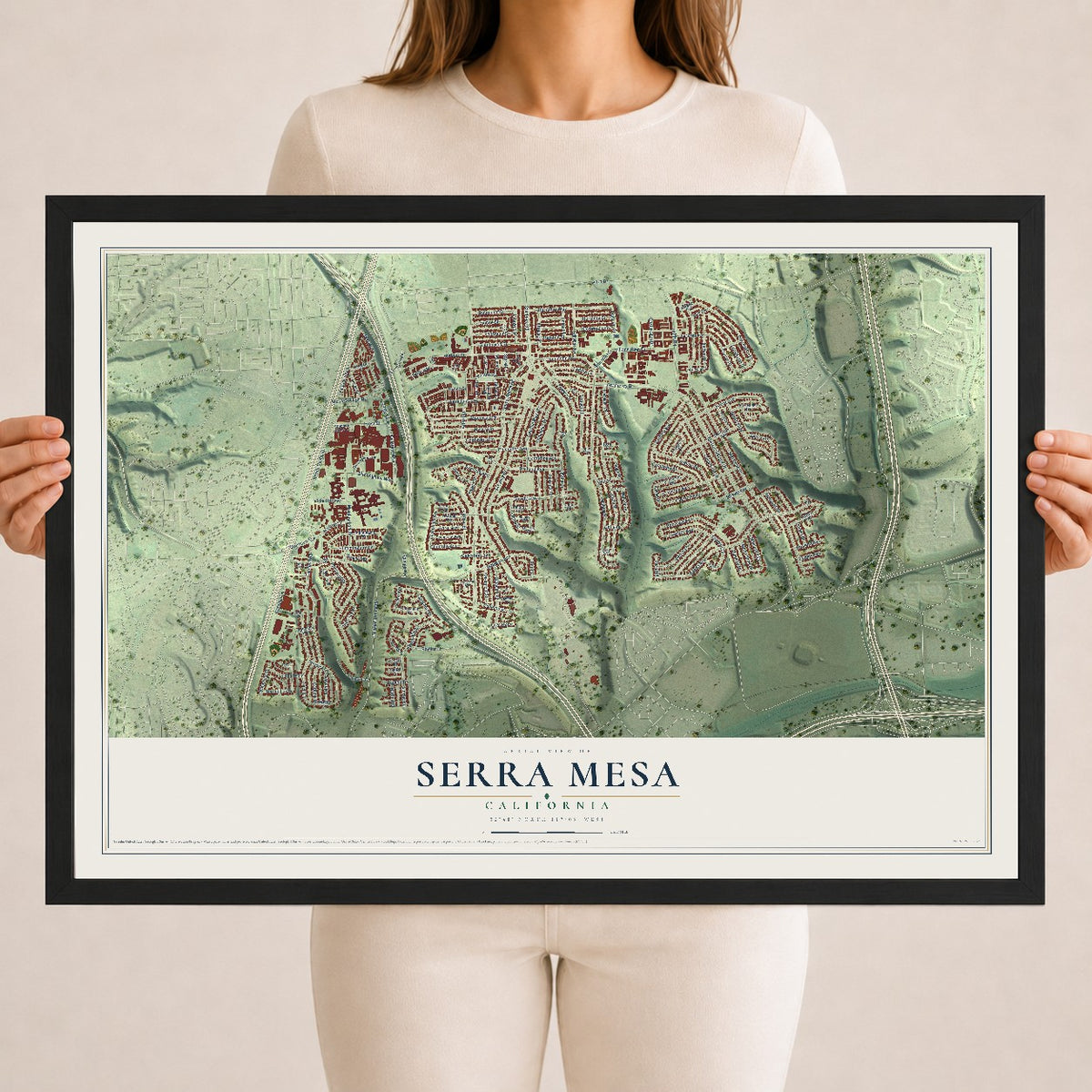Map of Serra Mesa, California, 18 x 24 inch print in a black wood frame
