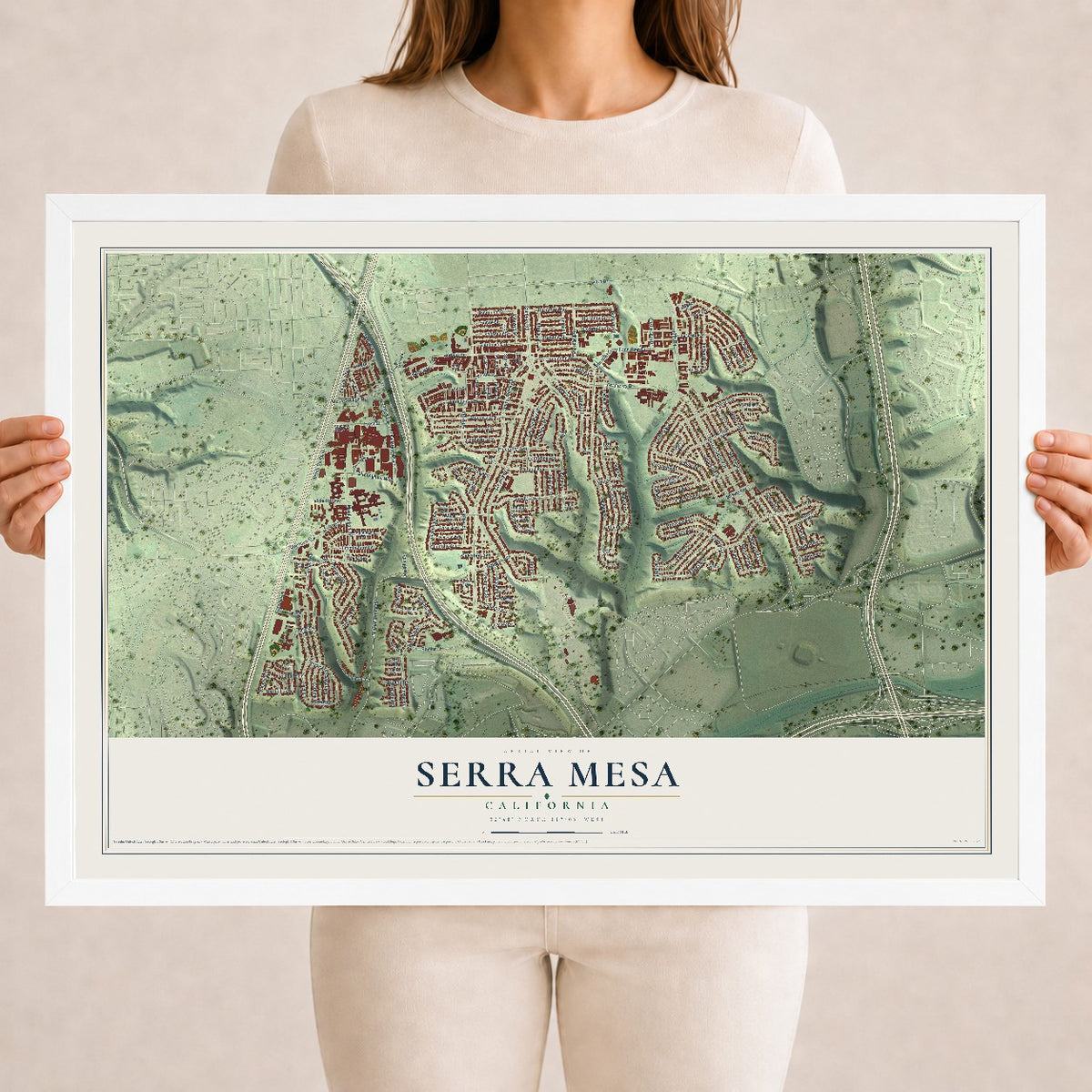 Map of Serra Mesa, California, 18 x 24 inch print in a white wood frame