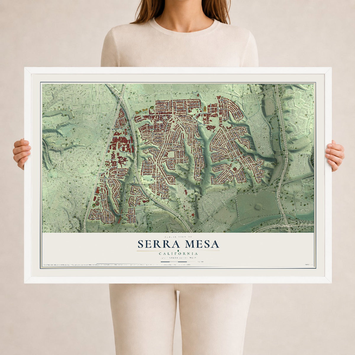 Map of Serra Mesa, California, 24 x 36 inch print in a white wood frame