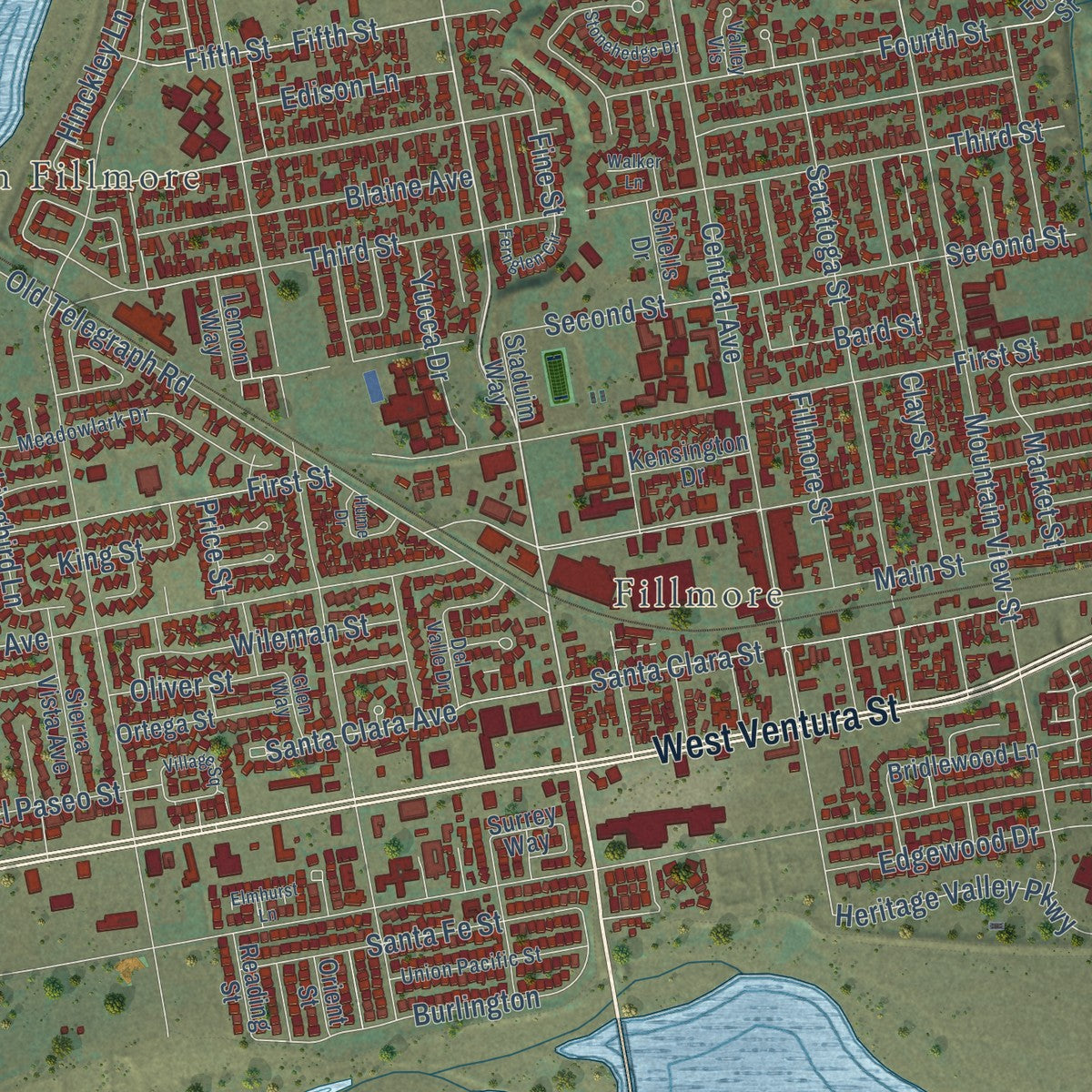 Close-up of the map of Sespe, California print showing street and building detail