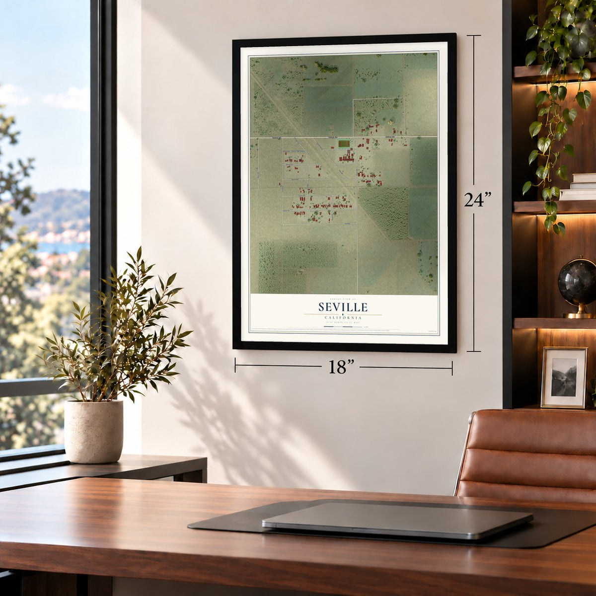 Seville, California map, 18 x 24 inch print in a black frame in a home office