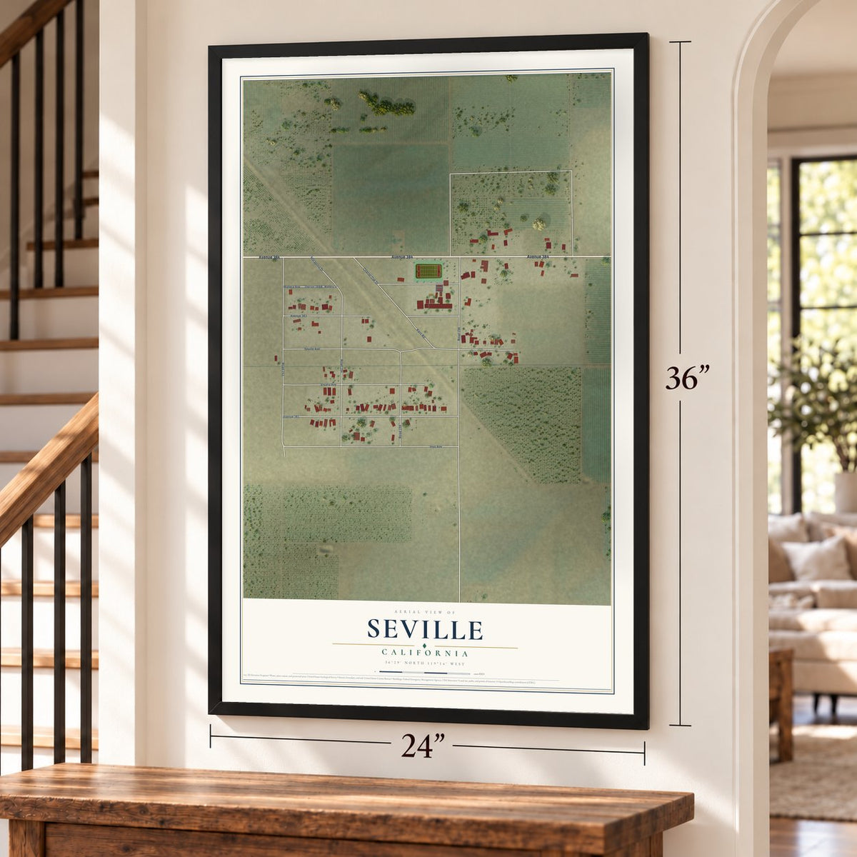 Seville, California map, 24 x 36 inch print in a black frame by a staircase