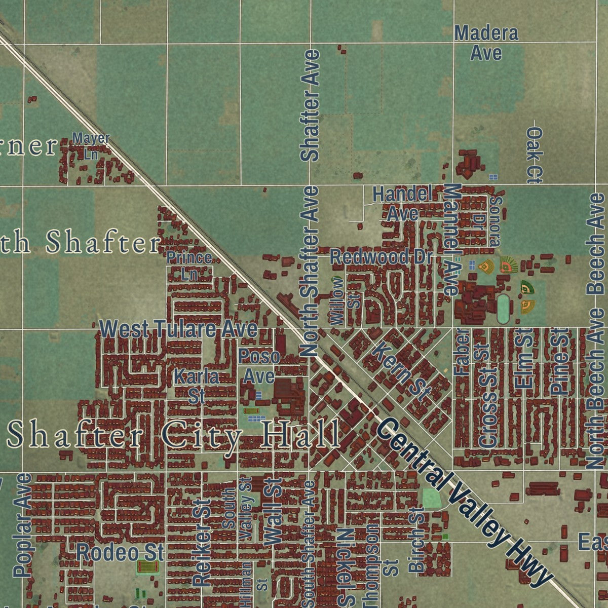Close-up of the map of Shafter, California print showing street and building detail