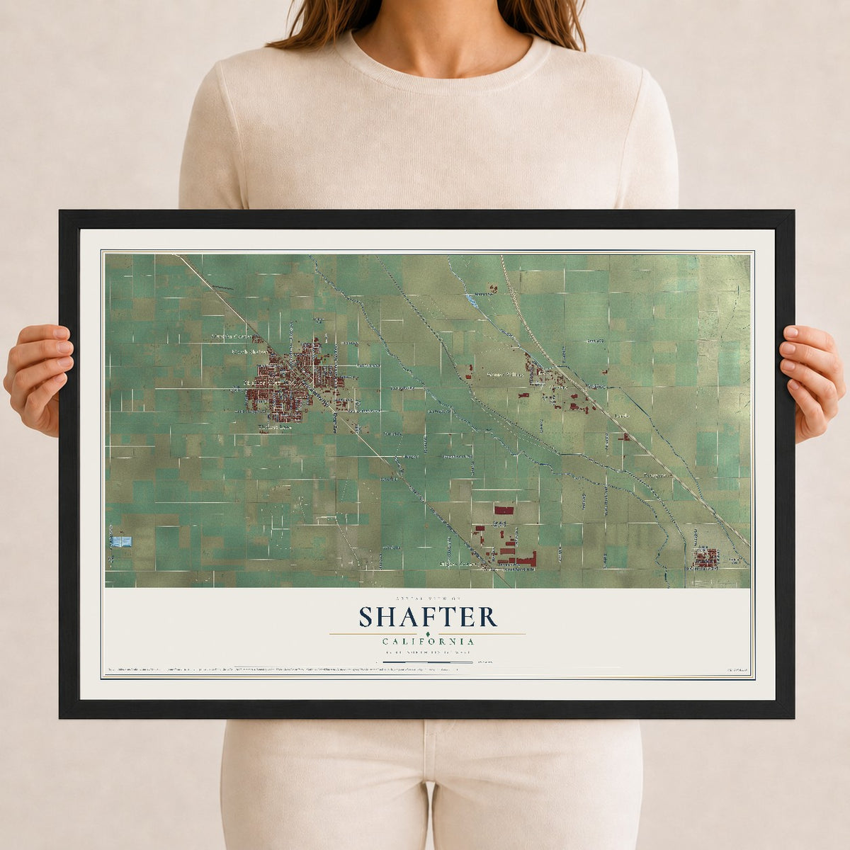 Map of Shafter, California, 12 x 18 inch print in a black wood frame