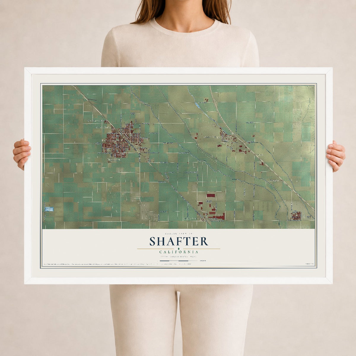 Map of Shafter, California, 24 x 36 inch print in a white wood frame