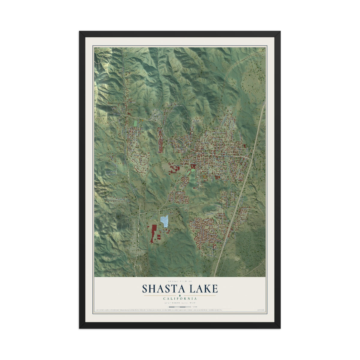 Map of Shasta Lake, California, 12 x 18 inch print in a black wood frame