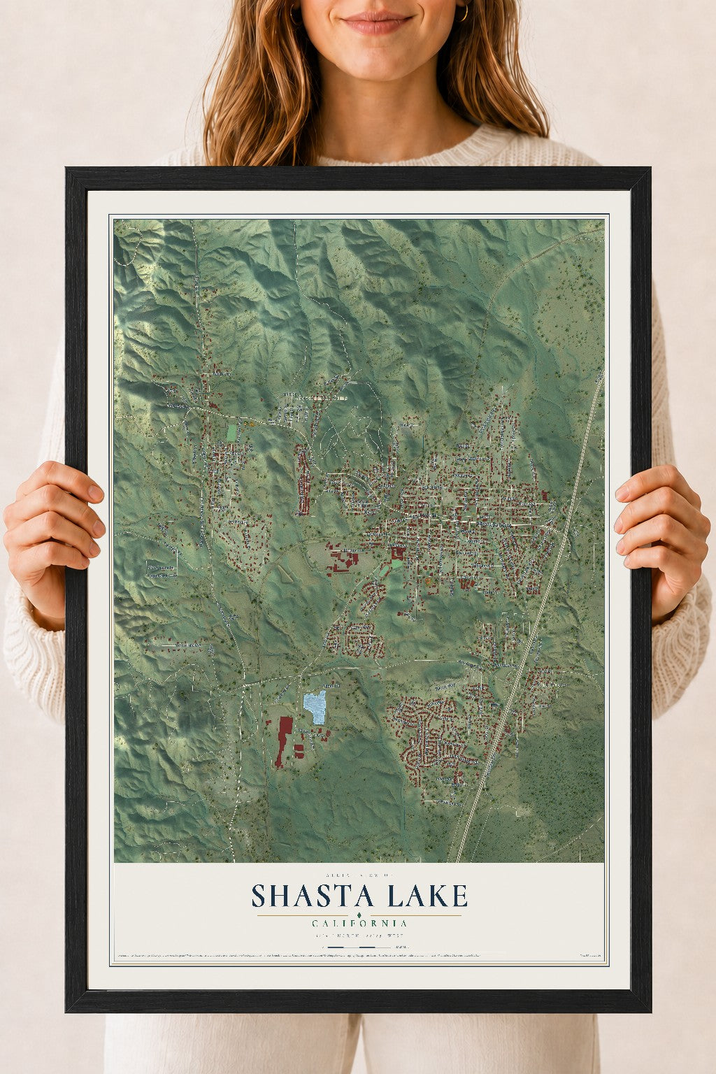 Map of Shasta Lake, California, 18 x 24 inch print in a black wood frame