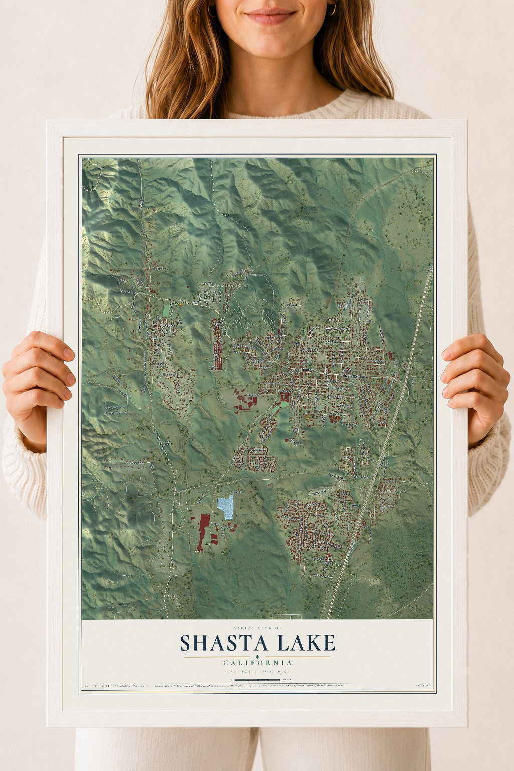 Map of Shasta Lake, California, 18 x 24 inch print in a white wood frame