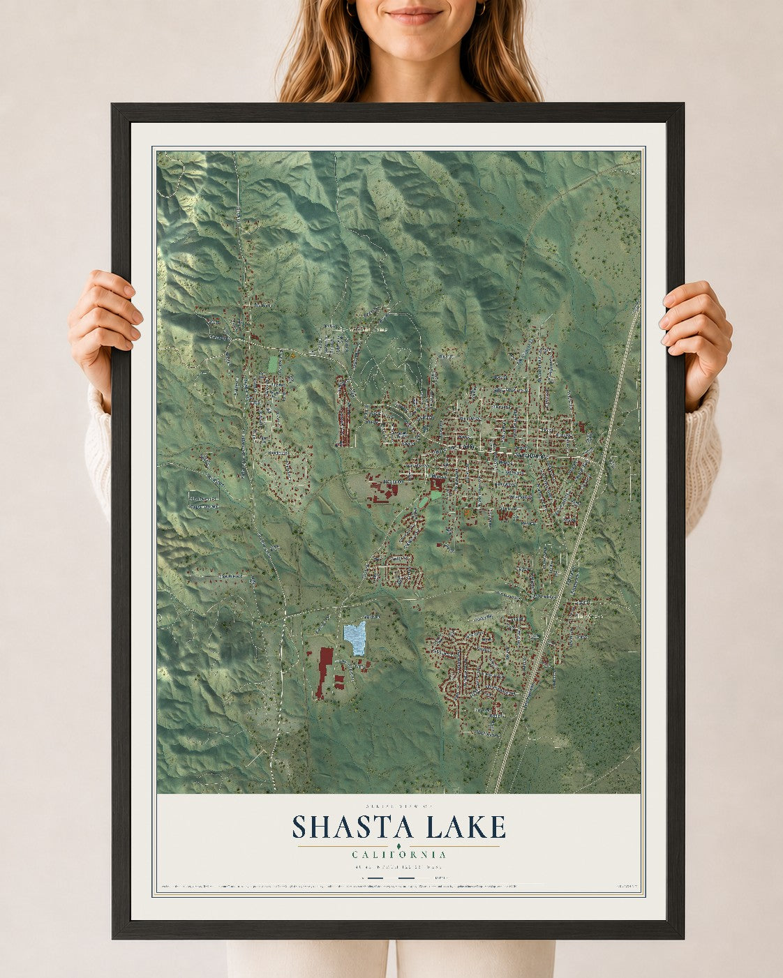 Map of Shasta Lake, California, 24 x 36 inch print in a black wood frame