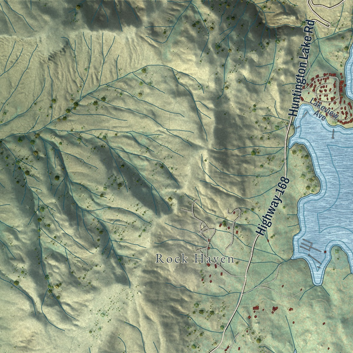 Second close-up of the map of Shaver Lake, California print showing more streets and buildings