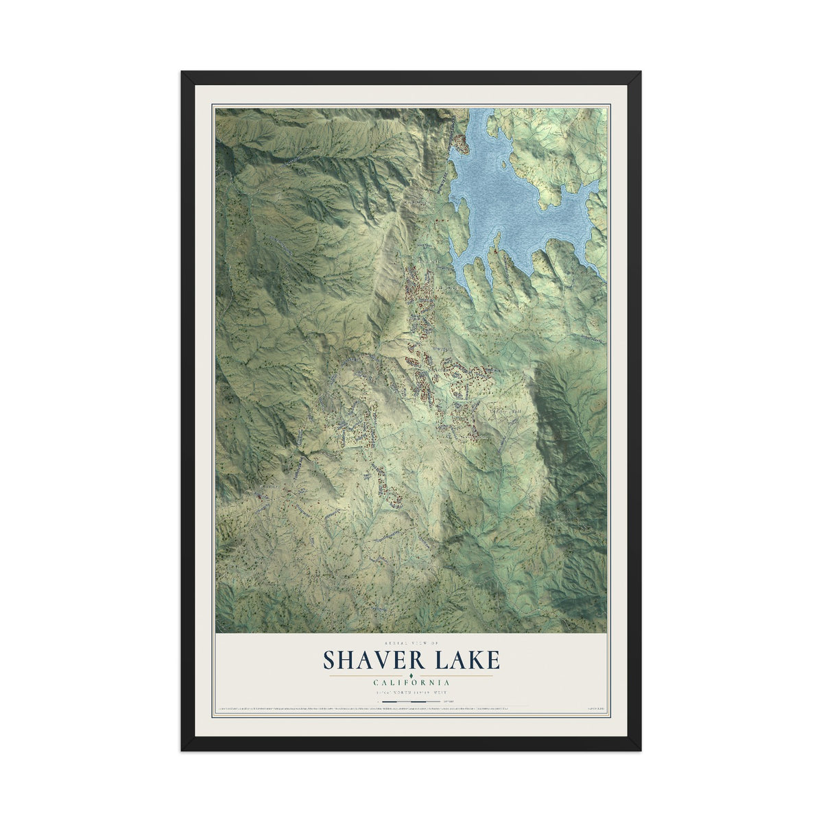 Map of Shaver Lake, California, 12 x 18 inch print in a black wood frame