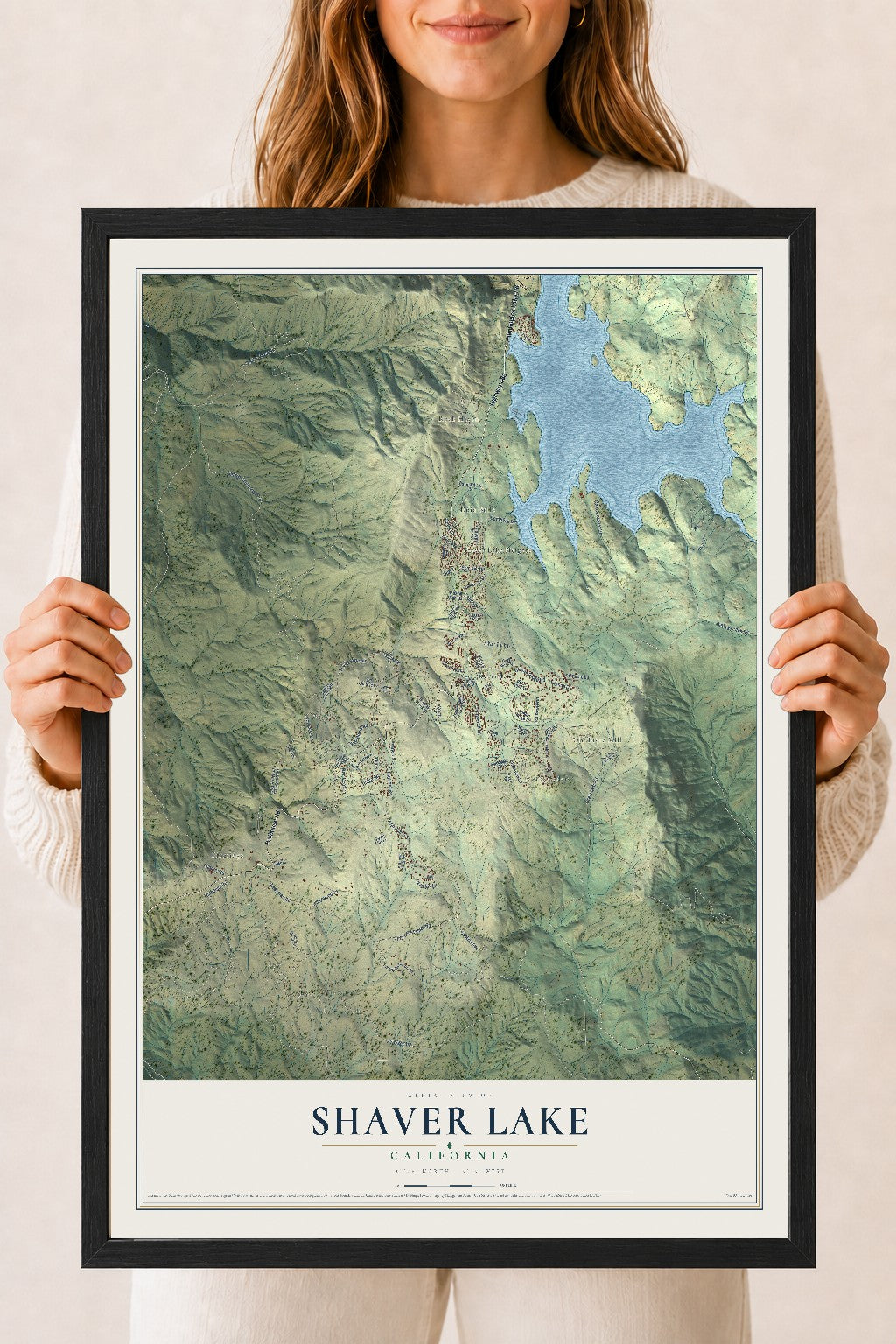 Map of Shaver Lake, California, 18 x 24 inch print in a black wood frame