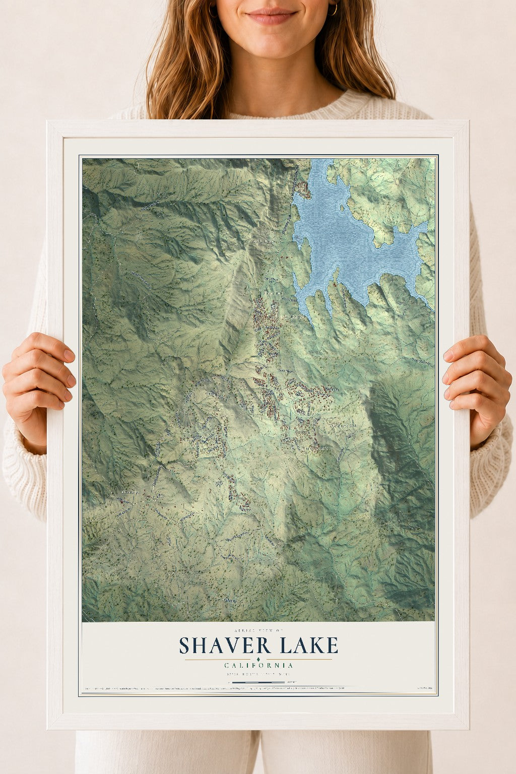 Map of Shaver Lake, California, 18 x 24 inch print in a white wood frame