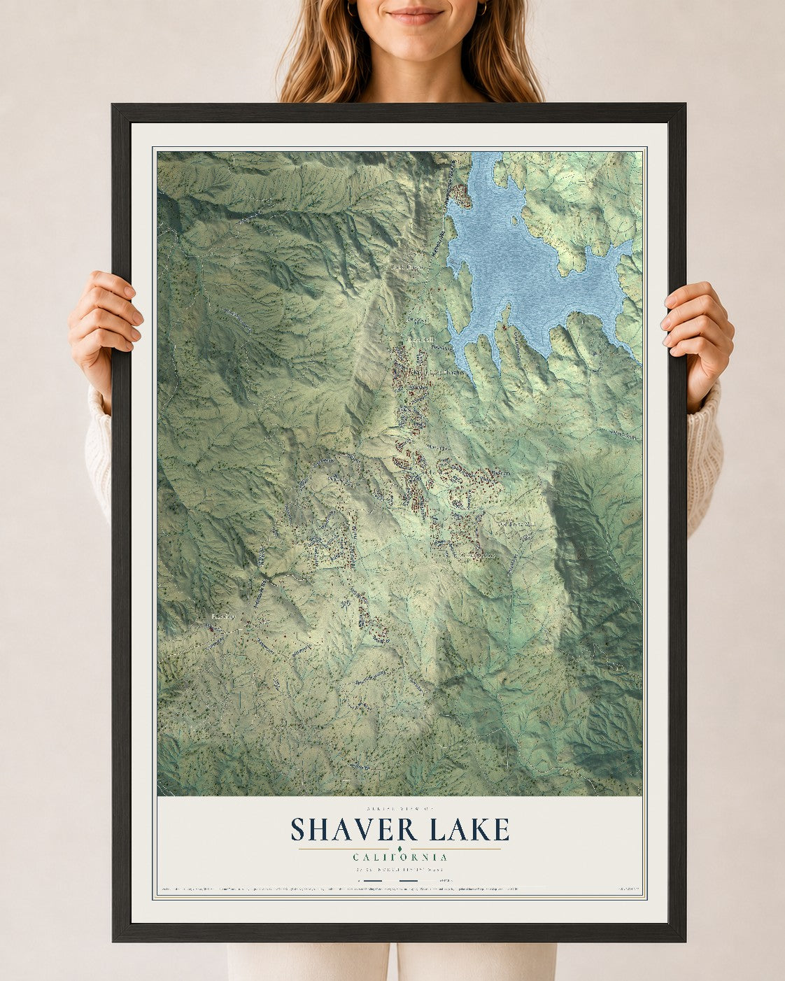 Map of Shaver Lake, California, 24 x 36 inch print in a black wood frame