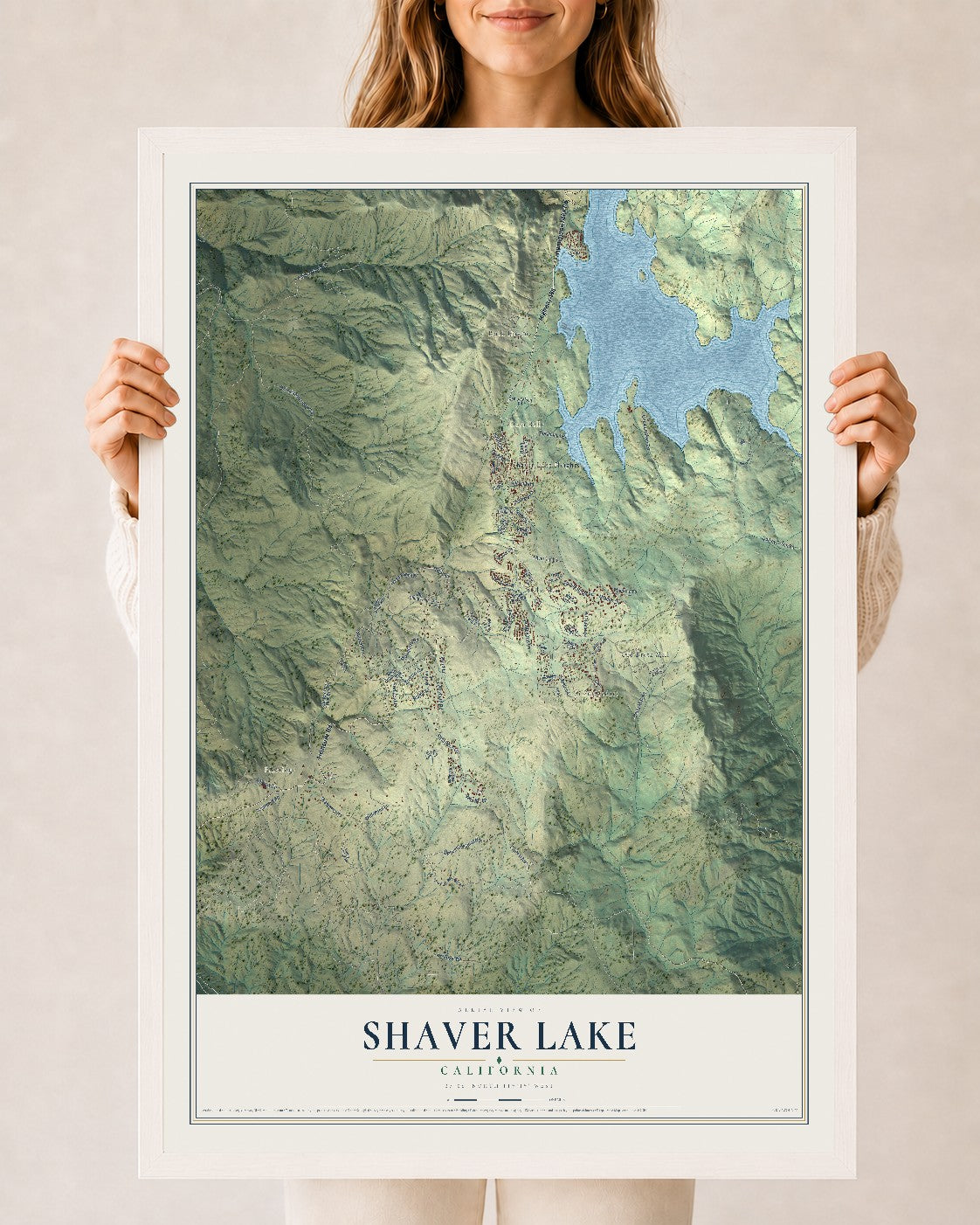 Map of Shaver Lake, California, 24 x 36 inch print in a white wood frame
