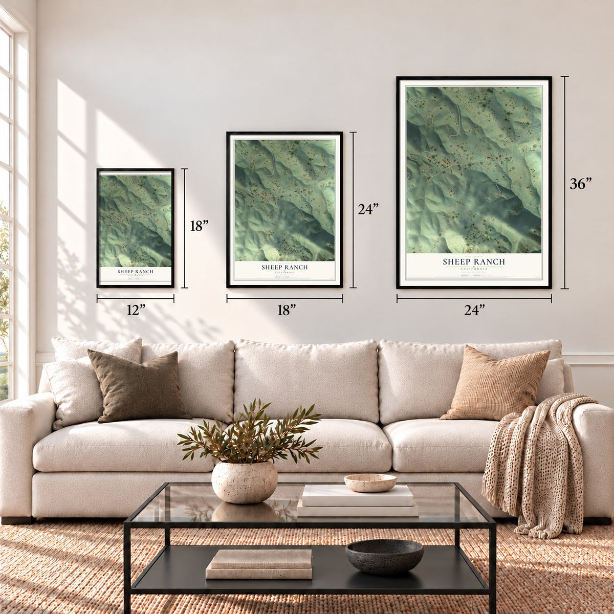 Sheep Ranch, California map in 12 x 18, 18 x 24 and 24 x 36 inch sizes above a sofa