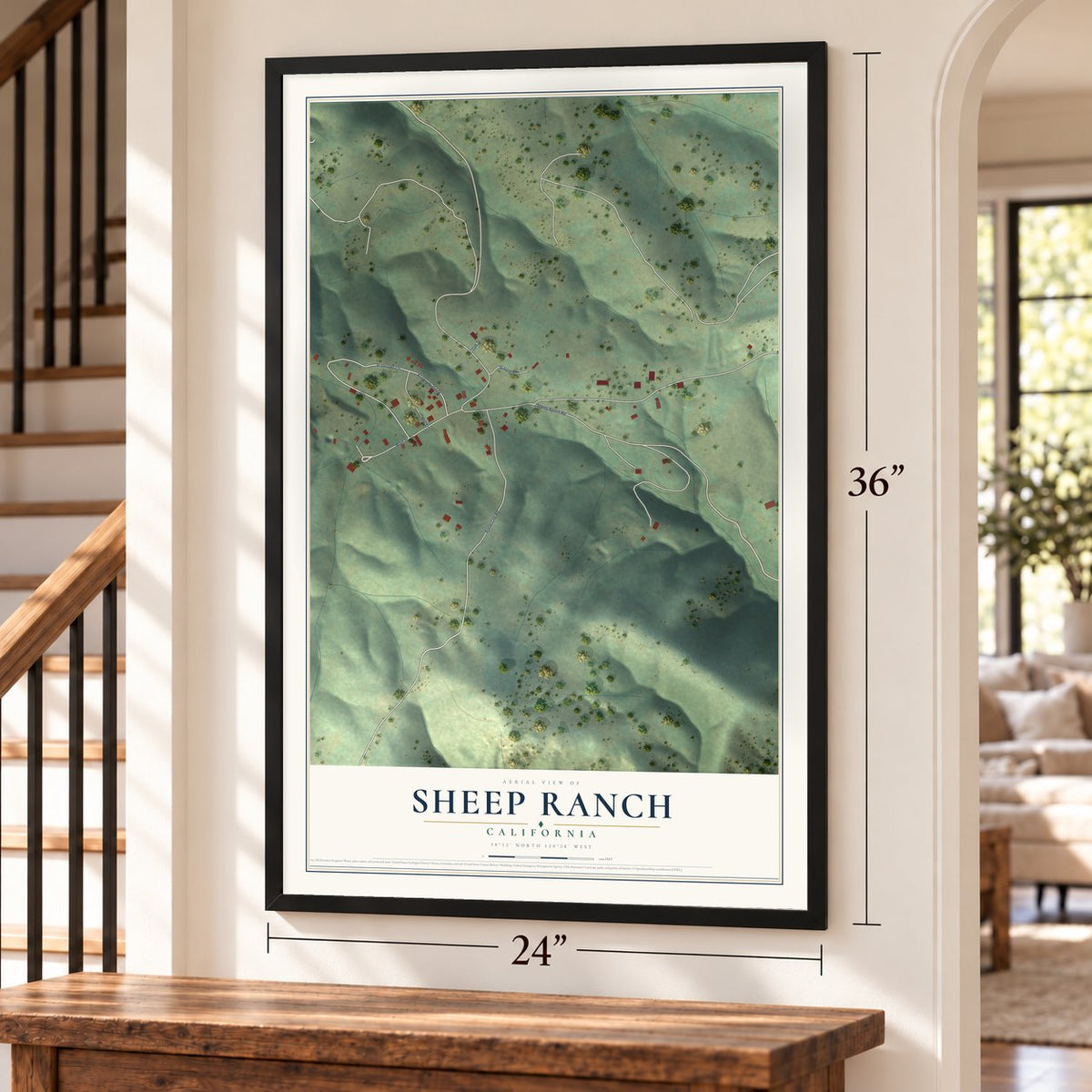 Sheep Ranch, California map, 24 x 36 inch print in a black frame by a staircase