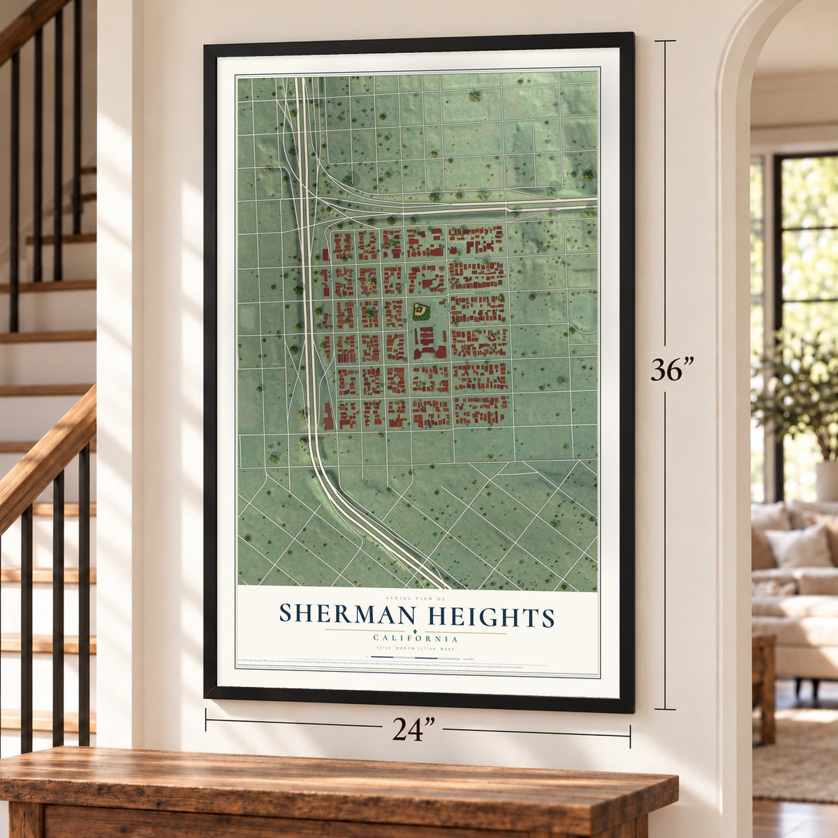 Sherman Heights, California map, 24 x 36 inch print in a black frame by a staircase